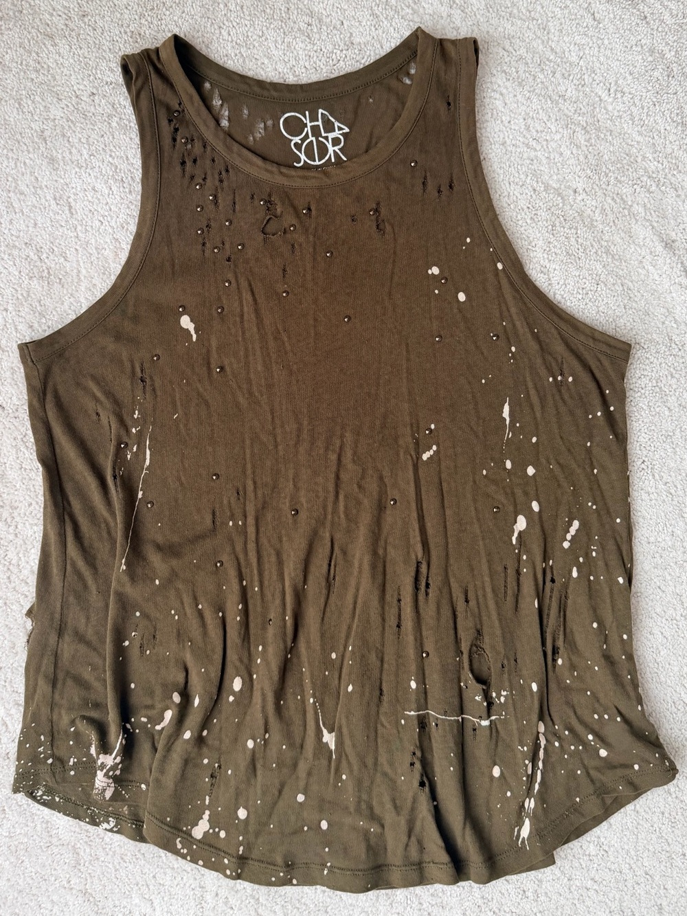 Chaser Olive Green Distressed Paint-Splatter Tank Top